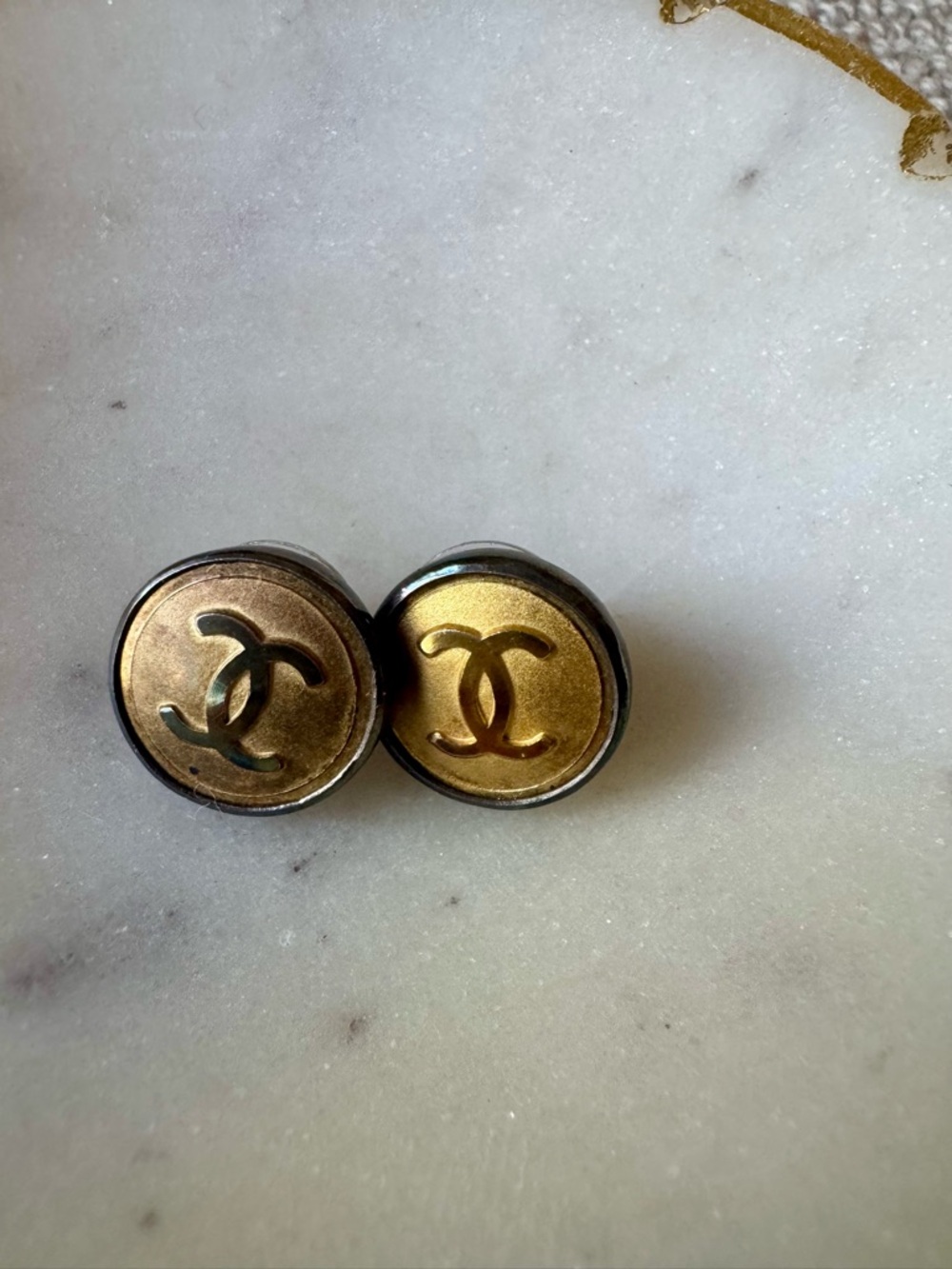 Upcycled Vintage Chanel Button Earrings Gold Tone CC Logo Stud Style - Picture 2 of 6